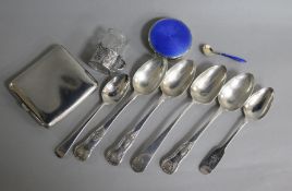 A George V silver and enamel box with mirrored lid, nine other items including silver spoons and a
