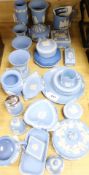 A collection of modern Wedgwood blue jasperware, including decorative covered trinket and other