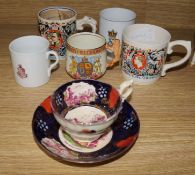 Three Dame Laura Knight commemorative mugs and a 19th century cup and saucer and mug