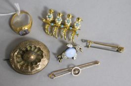 A 19th century gold and sardonyx signet ring, a 15ct gold bar brooch and four other items of