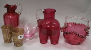 A quantity of cranberry and other glassware