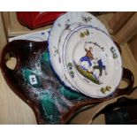 A pair of French plates, a Faience plate, a modern dish and Delft tiles