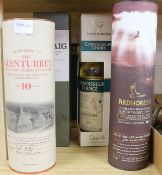 Six assorted bottles of whisky: Bunnahabhain 12yo, Ardmore, Glenburgie 10yo, Ledaig, Connoiseurs