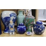 A Chinese blue and white dragon vase, a figure, two jars, teabowl and a famille verte vase