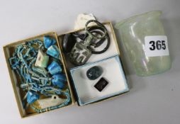 A Roman glass, Egyptian necklace and various antiquities