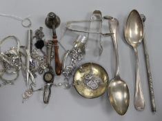 Mixed silver and jewellery including candle snuffer, spoons, pen, wrist watch and a 9ct white gold