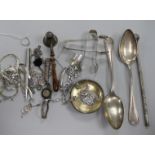 Mixed silver and jewellery including candle snuffer, spoons, pen, wrist watch and a 9ct white gold