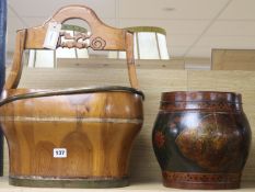 A Chinese wood basket and a painted wood barrel