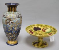 A Royal Doulton Slaters Patent gilt and blue floral vase, H 32cm and a Sarreguemines fruit-moulded