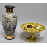 A Royal Doulton Slaters Patent gilt and blue floral vase, H 32cm and a Sarreguemines fruit-moulded