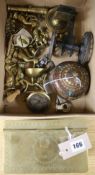 An enamelled silver patch box, a brass tobacco box, various tampers and other brass novelties and