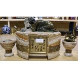 An Art Deco bronze and marble figural clock garniture, with battery and clockwork movements