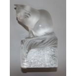 A Lalique frosted glass seated cat on plinth base (boxed with certificate)
