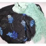 A 1920's blue on black silk embroidered shawl and a plain green shawl (2)
