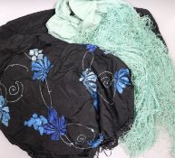 A 1920's blue on black silk embroidered shawl and a plain green shawl (2)