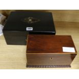 An ebonised mother of pearl box and tea caddy