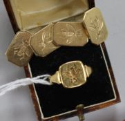 A 1930's 18ct gold signet ring carved with masonic "bee" and a pair of similar 9ct gold cufflinks.