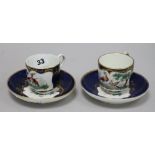 Two Worcester style scale blue cups and saucers