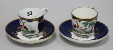 Two Worcester style scale blue cups and saucers