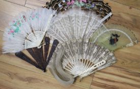 A group of feather and lace fans, a brise tortoiseshell fan and a fly swotter (7)