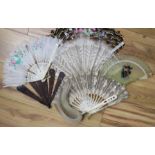 A group of feather and lace fans, a brise tortoiseshell fan and a fly swotter (7)