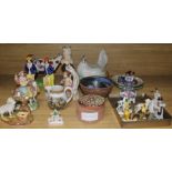 A Staffordshire pottery cow creamer, hen egg basket etc. and other items