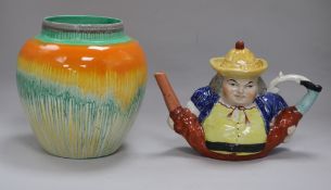 A Shelley drizzle glaze vase and a Staffordshire teapot