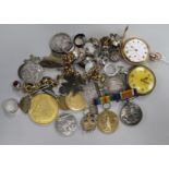 Mixed coins, medals, brooches and a boxed watch opening tool.