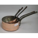 A set of five 19th century copper saucepans