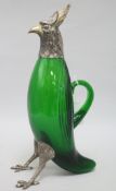 A Spanish novelty silver plate mounted green glass decanter modelled as a parakeet, stamped "