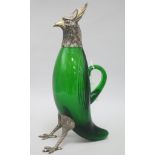 A Spanish novelty silver plate mounted green glass decanter modelled as a parakeet, stamped "