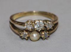A yellow metal, seed pearl and diamond set two row dress ring, size O.