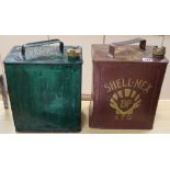 Two vintage petrol cans: Shell-Mex BP Ltd, and Petroleum Spirit-Highly Inflammable