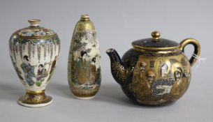 Two small Japanese Satsuma vases, Meiji period, together with a Satsuma small teapot and cover