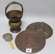 A Tibetan mirror, plaque and two Tibetan plaques with turquoise stones and a Turkish vessel