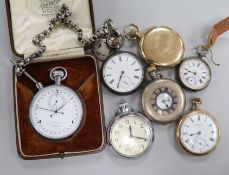 Assorted pocket watches and a stopwatch.