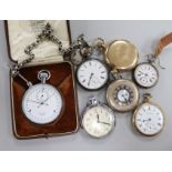 Assorted pocket watches and a stopwatch.