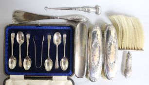 Silver brushes etc. and a cased set of silver teaspoons.