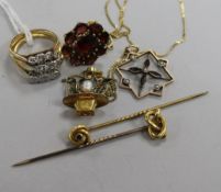 Three gold and three stone diamond rings, two stamped 18ct. Two 15ct gold stick pins and three other