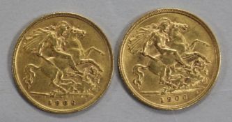 Two gold half sovereigns, 1906.