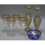 A pair of Bohemian gilt etched glass vases and assorted glassware