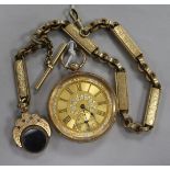 An engraved 14ct gold pocket watch and a fancy gilt metal albert with spinning fob.