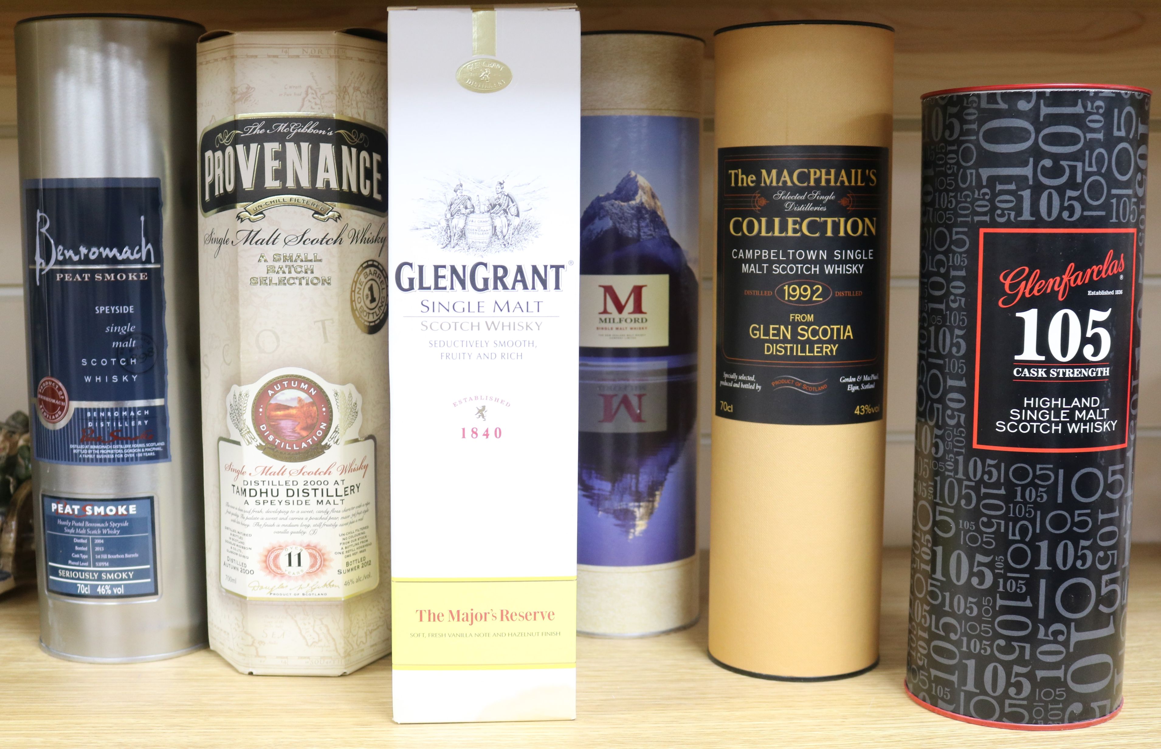 Six assorted bottles of whisky: Benromach, Provenance Tamdhu Distillery 2000, Glen Grant Major's