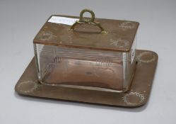 A Dutch copper and glass cheese dish and cover and stand