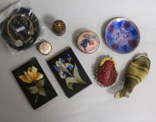 An enamel box, two pietra dura paperweights and other items