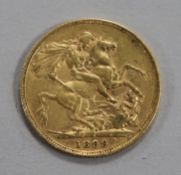 An 1899 gold full sovereign.