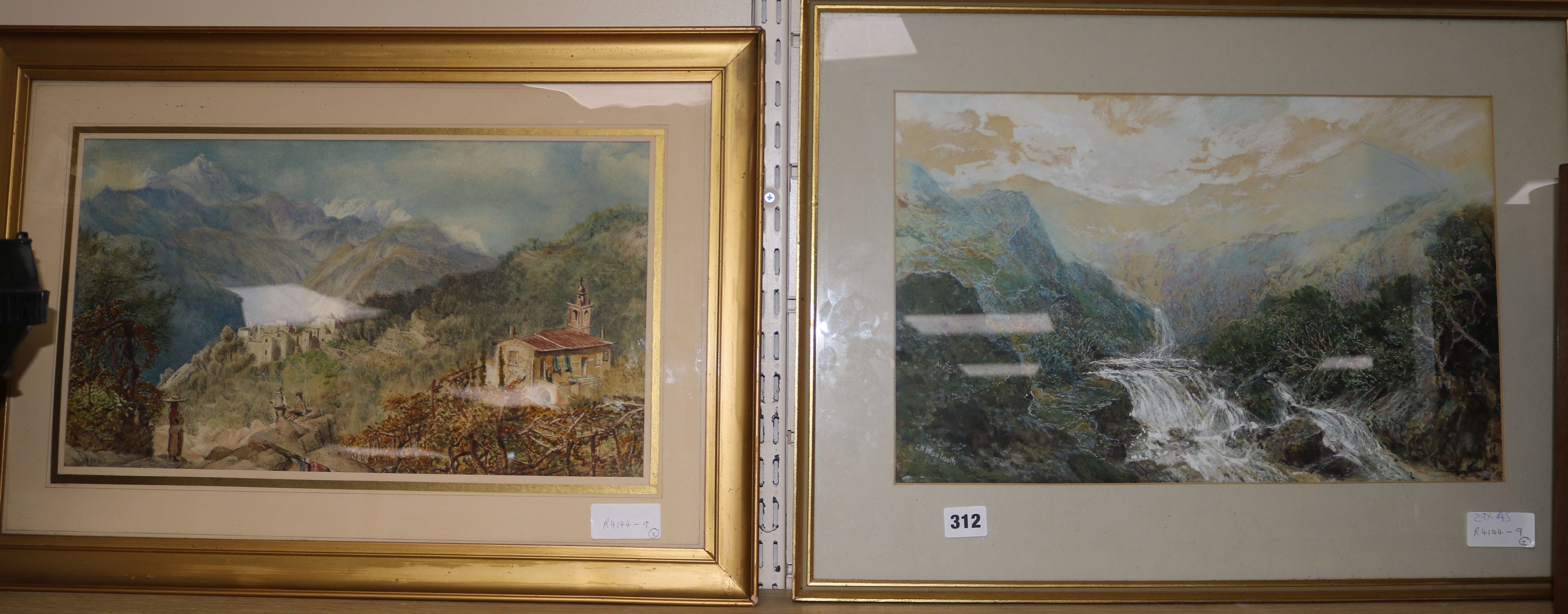 Late 19th centurywatercolourView of an Indian hill town, initialled HFW, and a watercolour of a