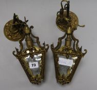 A pair of etched glass and brass hall lanterns