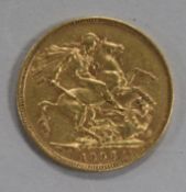 An 1896 gold full sovereign.