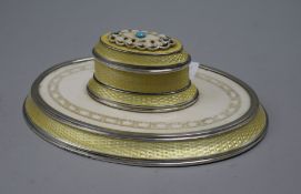 A Continental 935 silver and enamel mounted oval inkstand, 18cm.